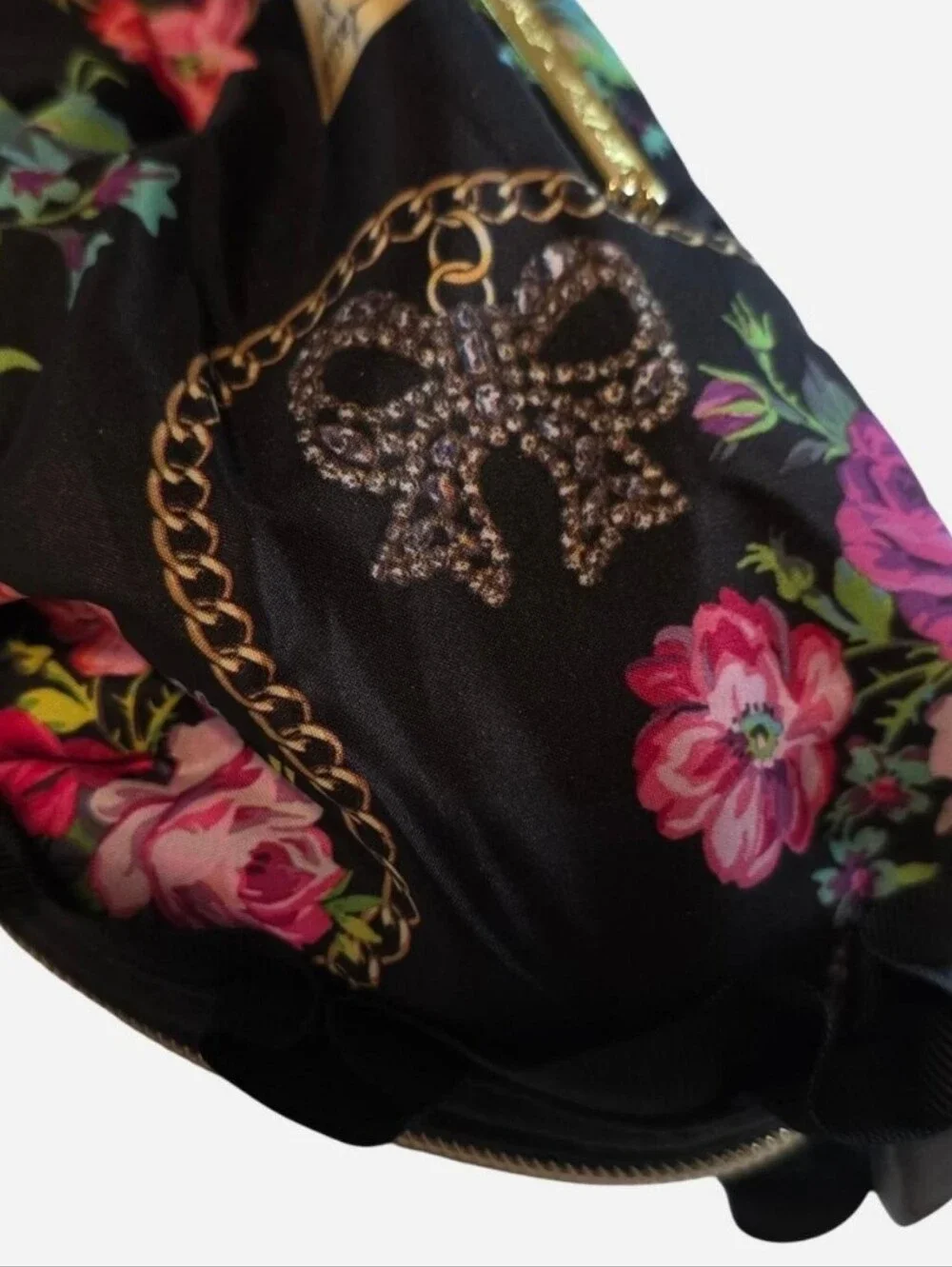 Vintage Betsey Johnson Ruffle Cosmetic Bag Roses, Floral, Chains Bows
